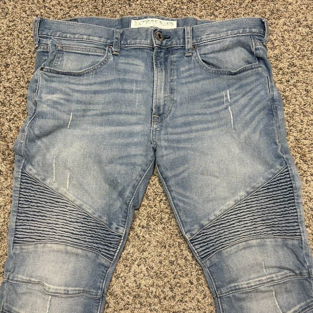 Express Alec Super Skinny Jeans Mens 34x30 Moto Biker Stretch Light Wash Denim - Picture 2 of 13